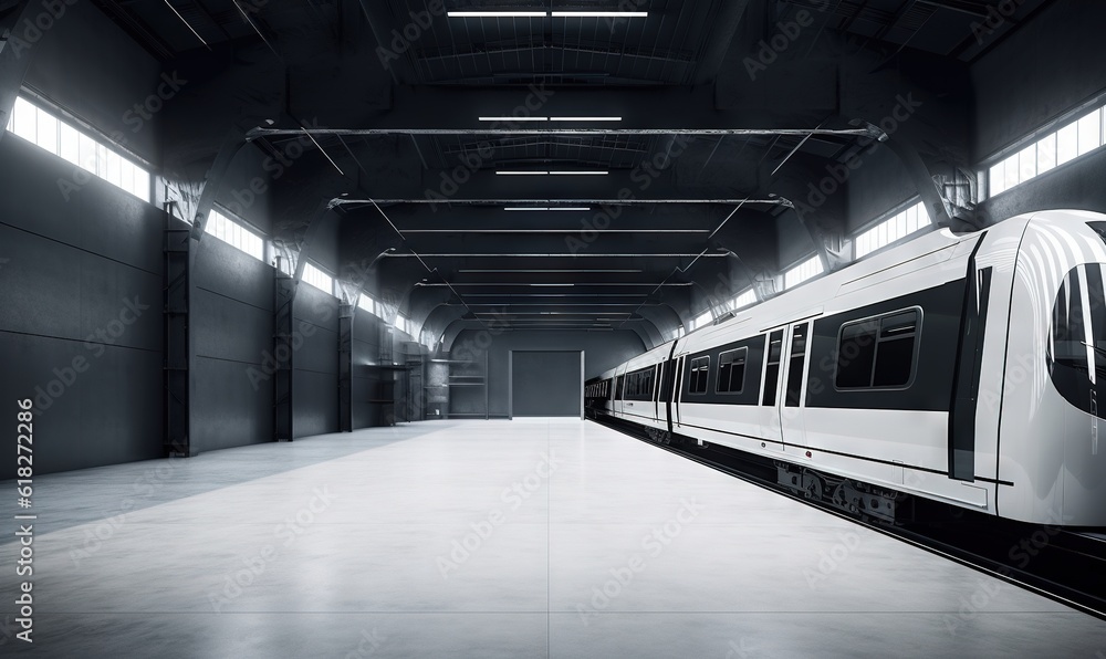 Poster a subway train is parked in a large building with lights on the side of the train tracks and a black