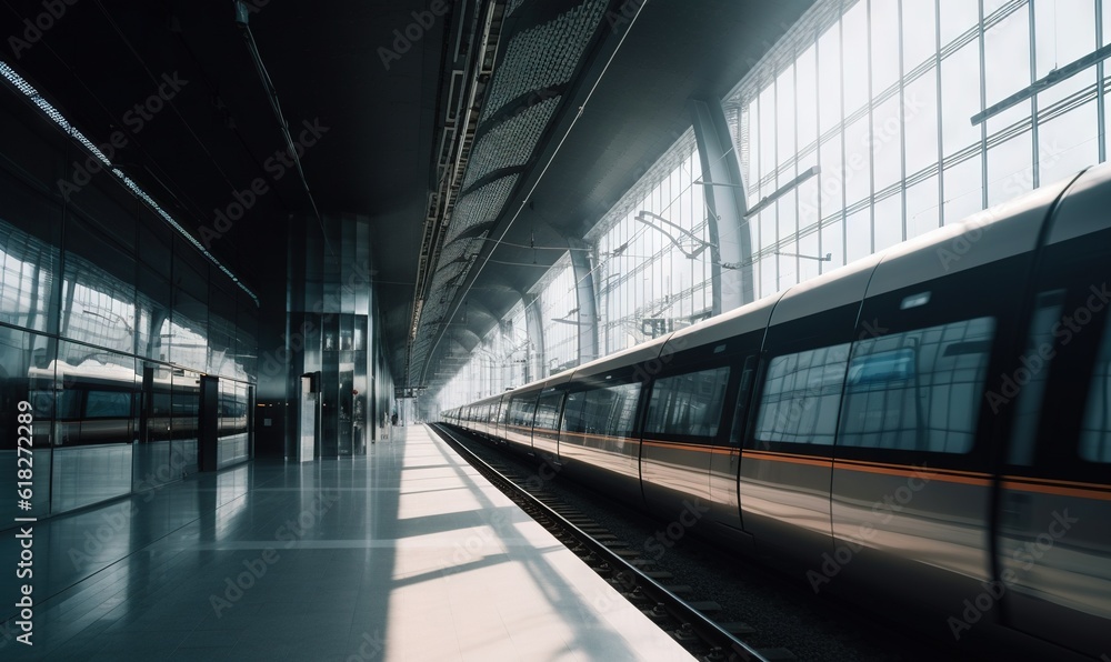 Poster a train traveling through a train station next to a tall building with lots of windows on the side o