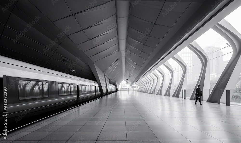 Poster a person standing in a train station with a train on the tracks and a train on the ground in front o