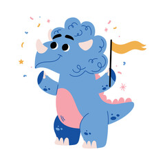Obraz na płótnie Canvas Cute Blue Dinosaur at Birthday Party with Flag Vector Illustration