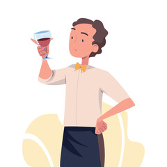 Man Sommelier in Apron as Wine Professional with Glass of Drink Vector Illustration