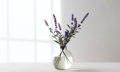 a vase with some purple flowers in it on a white tablecloth with a window behind it and a white wall behind it and a window in the background.  generative ai