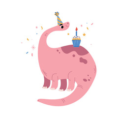 Cute Pink Dinosaur at Birthday Party with Cupcake Vector Illustration