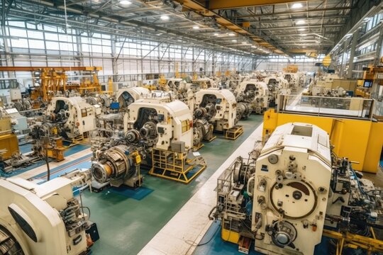 inside factory of airplanes a lot fo machines AI Generated