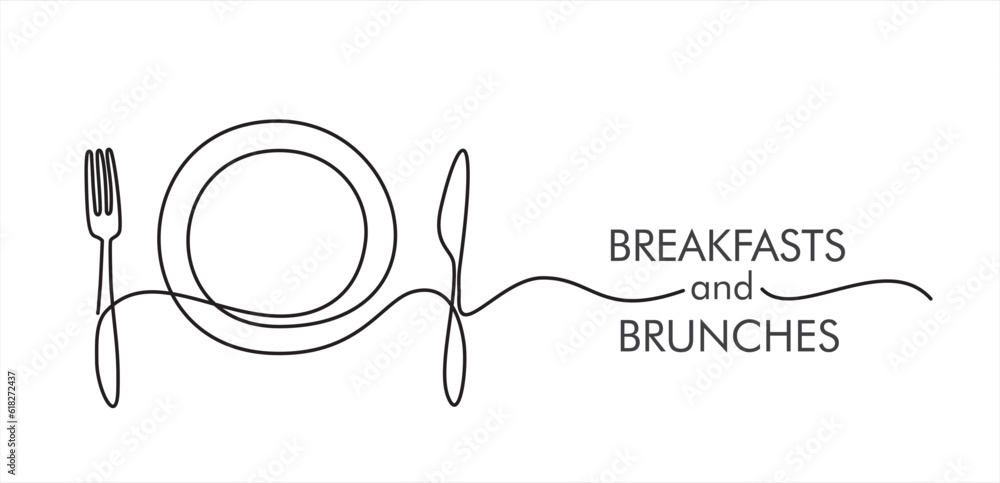 Wall mural continuous one line art or one line drawing of plate, knife and fork. restaurant concept hand draw l - Wall murals