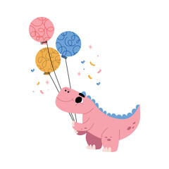 Cute Pink Dinosaur at Birthday Party with Bunch of Balloons Vector Illustration