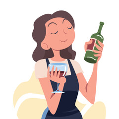 Woman Sommelier in Apron as Wine Professional with Glass and Bottle of Drink Vector Illustration