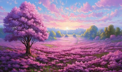 Naklejka na ściany i meble a painting of a purple field with a tree in the foreground and a sunset in the background with clouds in the sky and a pink sky. generative ai