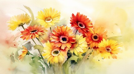 Fresh and Vibrant Yellow and Red Gerberas watercolor. AI generated