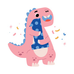 Cute Pink Dinosaur at Birthday Party with One Number Vector Illustration