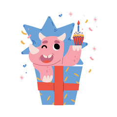 Cute Dinosaur at Birthday Party with Cupcake Appear out of Gift Box Vector Illustration