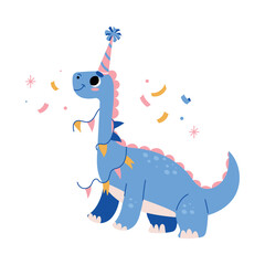 Cute Blue Dinosaur at Birthday Party in Cap with Garland Vector Illustration