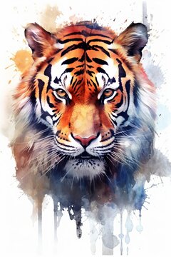 Fierce tiger with piercing gaze watercolor. AI generated
