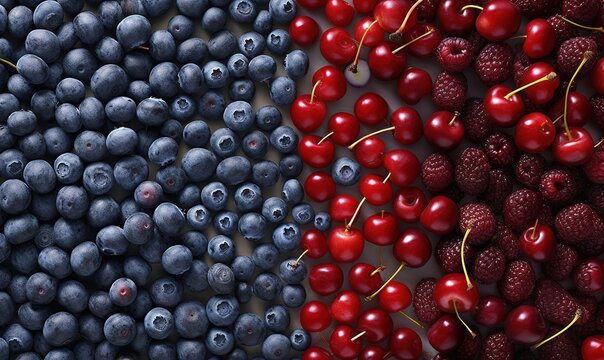  a group of berries and blueberries next to each other with one red berry in the middle of the picture and the other blueberries in the middle of the picture.  generative ai