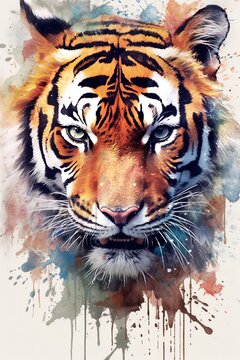 Fierce tiger with piercing gaze watercolor. AI generated