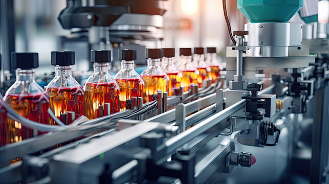 Bottles with orange juice or medicine on the packing line of the plant