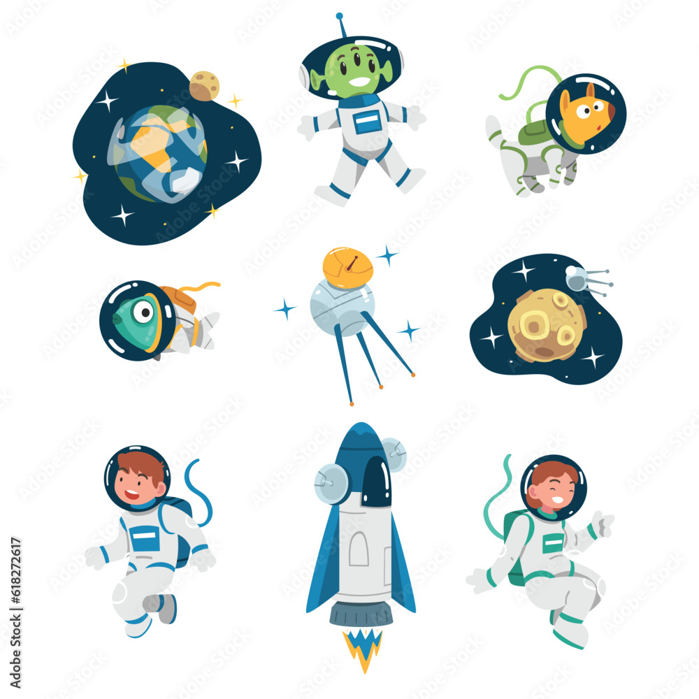 Aufkleber space with astronaut character in spacesuit, shuttle and planet vector set