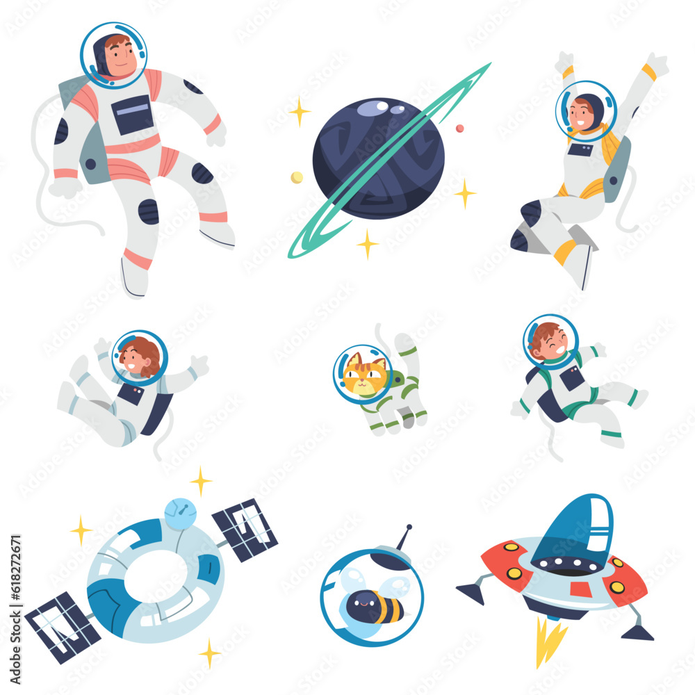 Poster space with astronaut character in spacesuit, shuttle and planet vector set