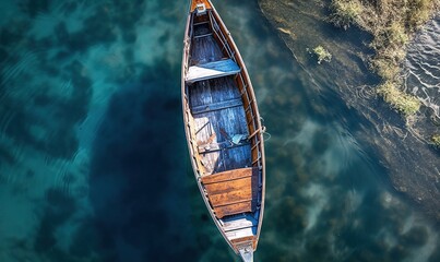  a boat floating on top of a body of water next to a forest covered hillside and a body of water with a boat on it's side.  generative ai