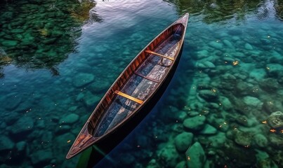 Obraz premium a boat floating on top of a body of water next to a shore covered in green algae and corals and surrounded by trees and rocks. generative ai