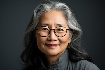 asian woman with grey long hair and glasses smiling.