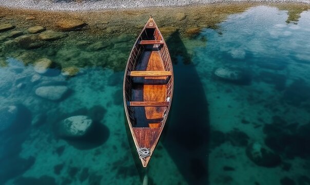  a boat floating on top of a body of water next to a shore covered in rocks and water plants and a rock shore with rocks.  generative ai