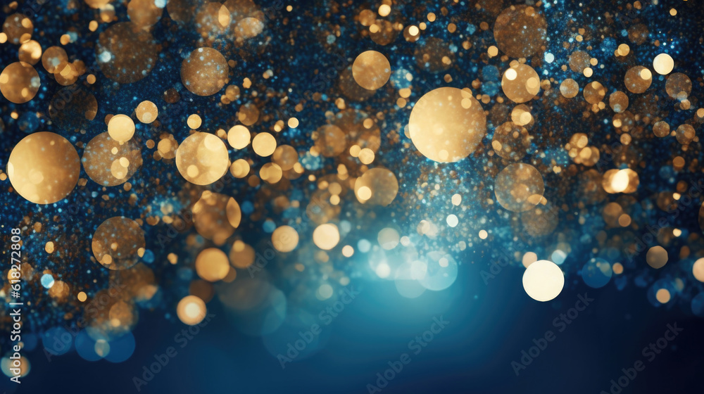 Poster background with abstract sparkles on blue background. golden glitter particles on dark background. a