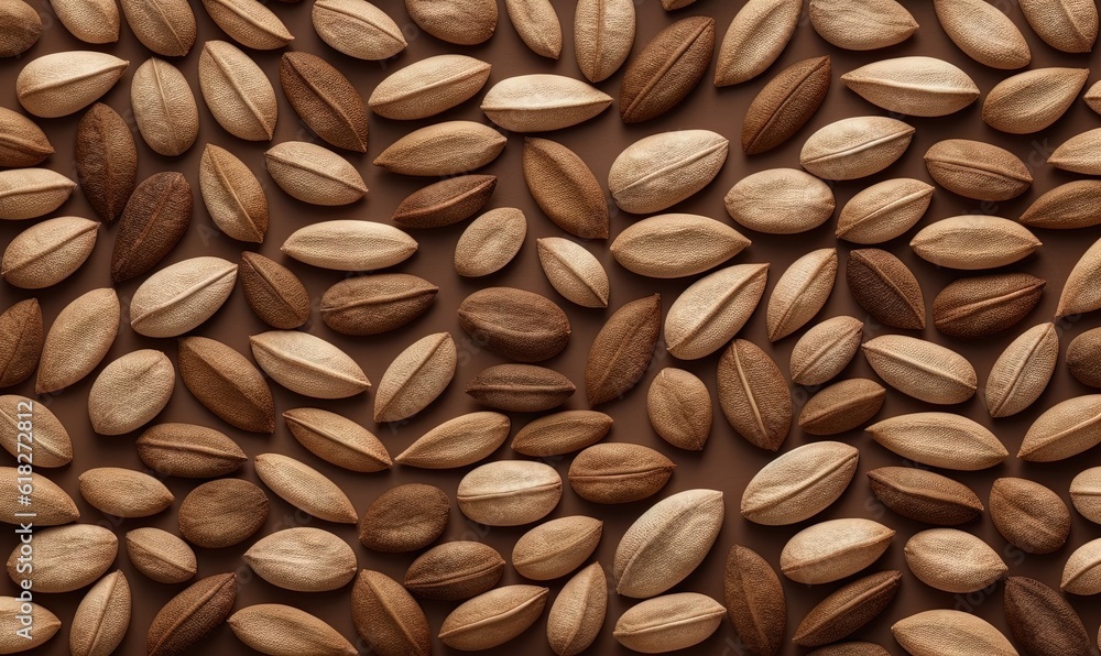Poster a close up of a bunch of nuts on a brown surface with a pattern of almonds on top of it and a brown 