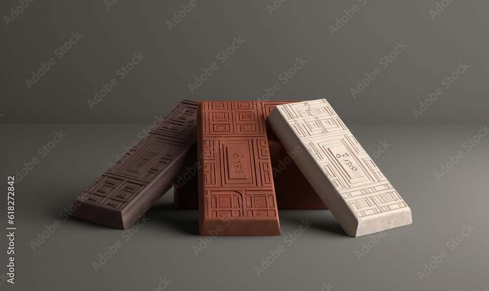 Poster three chocolate bars stacked on top of each other on a gray surface with a pattern on the top of the