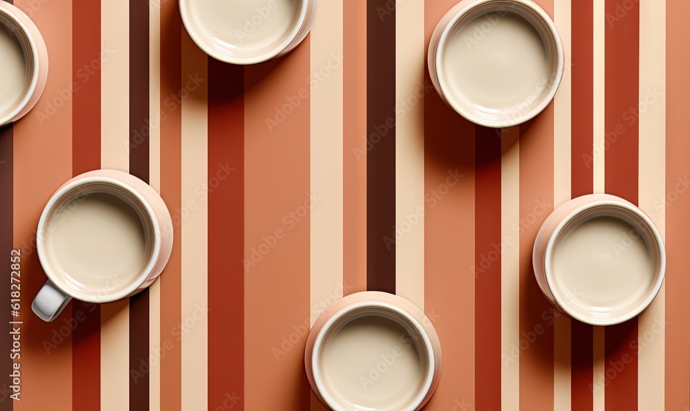 Poster a group of coffee cups sitting on top of a striped table cloth with a spoon in the middle of the cup