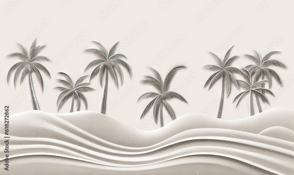 Poster a painting of a beach with palm trees and a wave in the foreground with a sky background with a whit