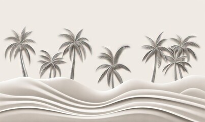 Fototapeta na wymiar a painting of a beach with palm trees and a wave in the foreground with a sky background with a white sky and a white background. generative ai