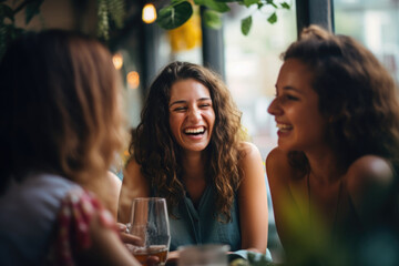 Happy female friends meeting in cafe. Group of people sitting in restaurant, talking and laughing. Women spending time together. Created with Generative AI