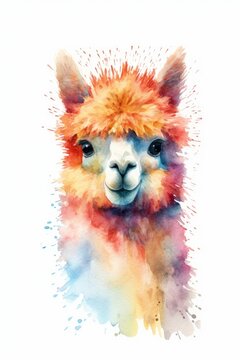 Fuzzy alpaca with a happy face watercolor. AI generated