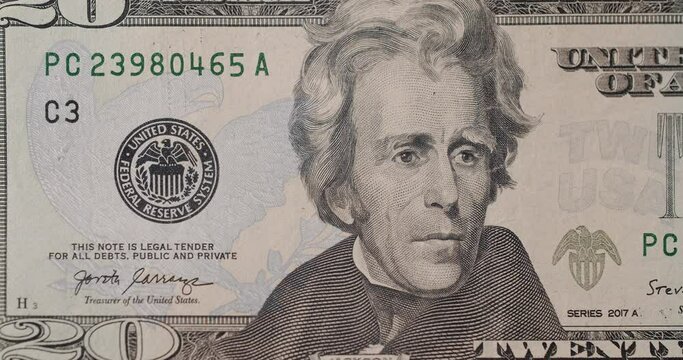 US President Andrew Jackson on United States. American twenty dollar paper banknote zoom in close up macro. Twenty Dollar Closeup. Zoom of 20 USD Bills. United States money.
