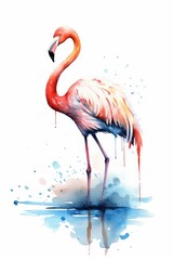 Graceful flamingo standing on one leg watercolor. AI generated