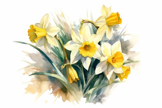 Golden Daffodils watercolor illustration. AI generated