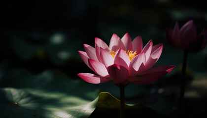 Obraz premium Tranquil scene of lotus blossom in pond generated by AI
