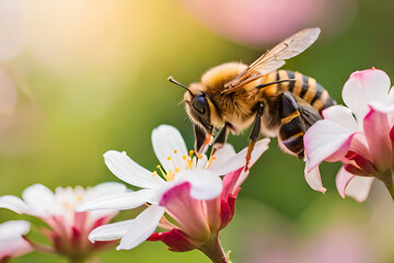 Flying honey bee collecting bee pollen from apple blossom soft bokeh in the background