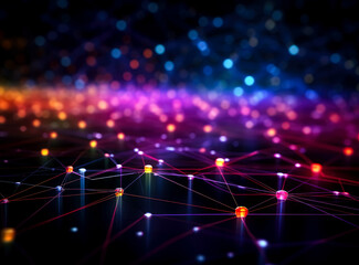 Concept with colorful lights and network of lines, in the style of functional, gesture driven, long distance and deep distance. Colorful dots connections on dark background. 