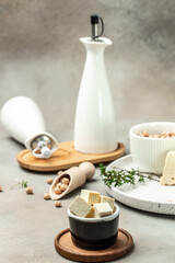 Tofu piece, cubes. Culinary vegan and vegetarian eating. Healthy, clean eating. Vegan or gluten free diet. place for text, top view