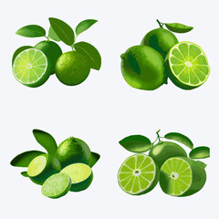 Lime set with slices and leaves isolated on white background. Vector illustration.