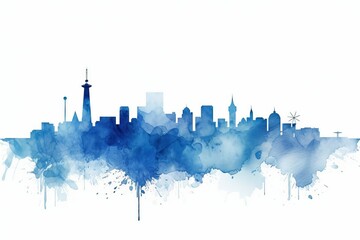 tokio skyline, A Captivating Watercolor-style Blue Silhouette of Tokyo Skyline, Set against a White Background, Showcasing the Dynamic Fusion of Tradition and Innovation in Japans Bustling Metropol