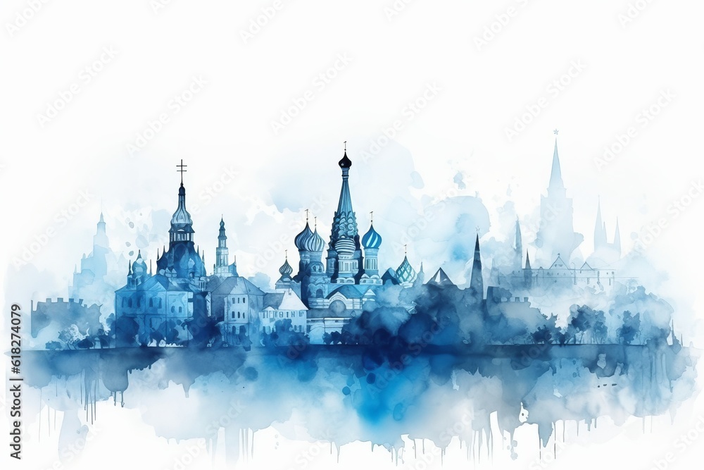 Wall mural moscow skyline, A Captivating Watercolor-style Blue Silhouette of Moscow Skyline, Against a White Background, Rich Cultural Heritage of Russia Captivating