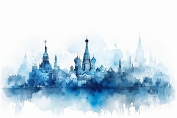 moscow skyline, A Captivating Watercolor-style Blue Silhouette of Moscow Skyline, Against a White Background, Rich Cultural Heritage of Russia Captivating - obrazy, fototapety, plakaty