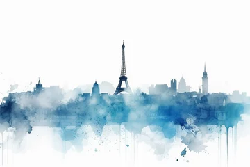 Fotobehang Aquarelschilderij wolkenkrabber paris skyline, A Captivating Watercolor-style Blue Silhouette of Paris Skyline, Set against a White Background, Uniting Artistic Flair