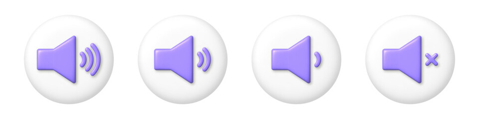 Set of purple sound icons with different signal levels on white buttons. 3d cartoon vector illustration.