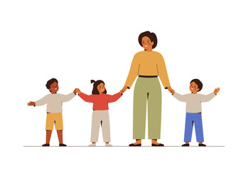 Teacher with primary pupils stand together and hold hands. Preschool children with their caregiver. Multiracial Elementary students greeting their pedagog. Education concept. Vector illustration - obrazy, fototapety, plakaty