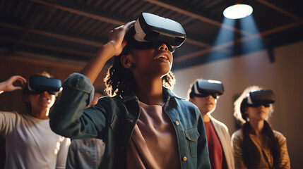 group of students engaging with an interactive virtual reality educational program