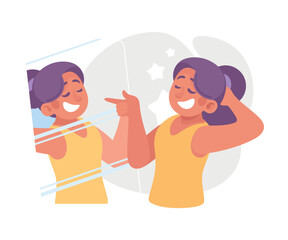 Ego with Self Confident Girl Character Look in Mirror Satisfied with Her Appearance Vector Illustration